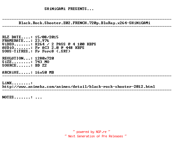 NFO for the release Black.Rock.Shooter.E02.FRENCH.720p.BluRay.x264-SHiNiGAMi by SHiNiGAMi