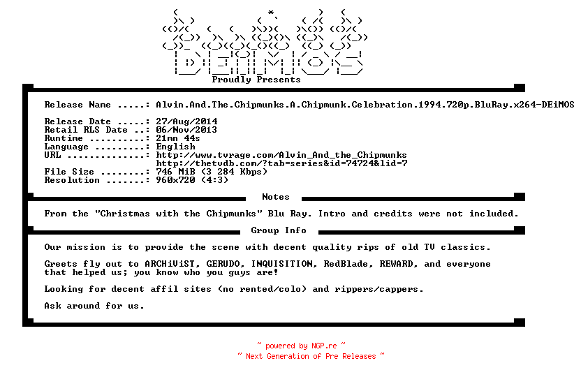 NFO for the release Alvin.And.The.Chipmunks.A.Chipmunk.Celebration.1994.720p.BluRay.x264-DEiMOS by DEiMOS