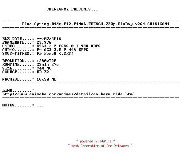 NFO for the release Blue.Spring.Ride.E12.FiNAL.FRENCH.720p.BluRay.x264-SHiNiGAMi by SHiNiGAMi