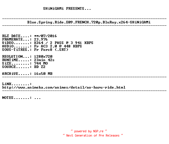 NFO for the release Blue.Spring.Ride.E09.FRENCH.720p.BluRay.x264-SHiNiGAMi by SHiNiGAMi