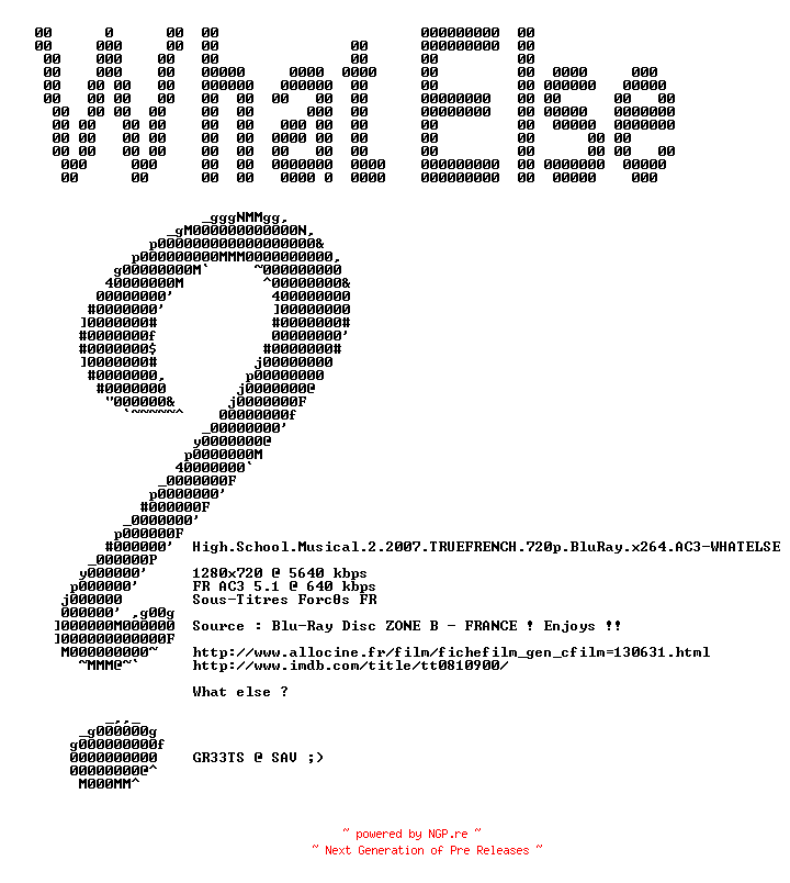 NFO for the release High.School.Musical.2.2007.TRUEFRENCH.720p.BluRay.x264.AC3-WHATELSE by WHATELSE