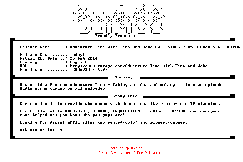 NFO for the release Adventure.Time.With.Finn.And.Jake.S03.EXTRAS.720p.BluRay.x264-DEiMOS by DEiMOS