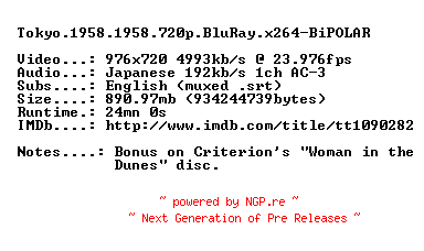 NFO for the release Tokyo.1958.1958.720p.BluRay.x264-BiPOLAR by BiPOLAR