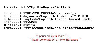 NFO for the release Amnesia.E01.720p.BluRay.x264-TAXES by TAXES