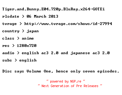 NFO for the release Tiger.and.Bunny.E04.720p.BluRay.x264-GOTEi by GOTEi