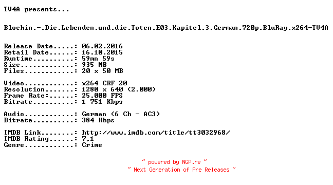 NFO for the release Blochin.-.Die.Lebenden.und.die.Toten.E03.Kapitel.3.German.720p.BluRay.x264-TV4A by TV4A