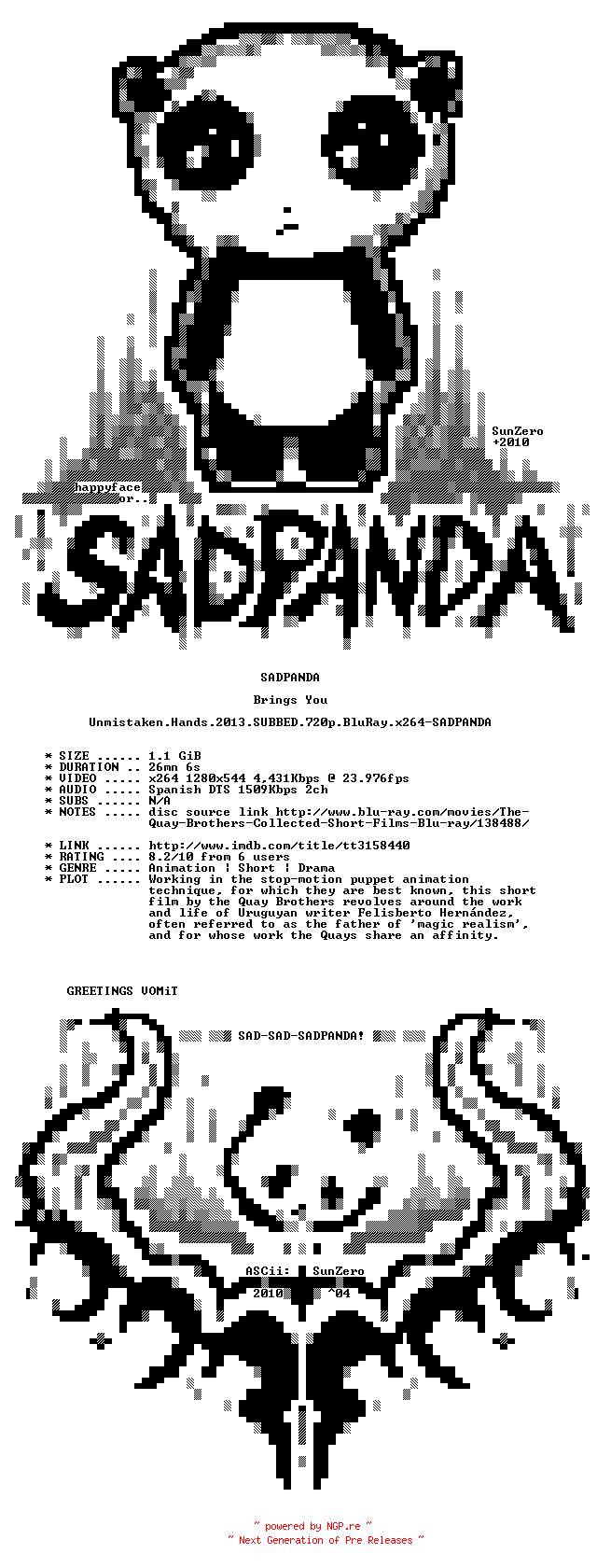 NFO for the release Unmistaken.Hands.2013.SUBBED.720p.BluRay.x264-SADPANDA by SADPANDA