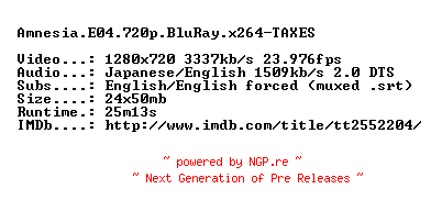 NFO for the release Amnesia.E04.720p.BluRay.x264-TAXES by TAXES