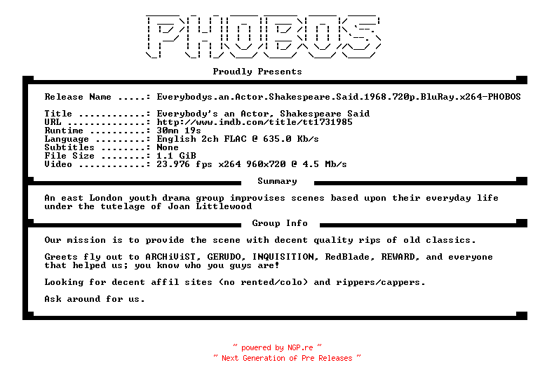 NFO for the release Everybodys.an.Actor.Shakespeare.Said.1968.720p.BluRay.x264-PHOBOS by PHOBOS