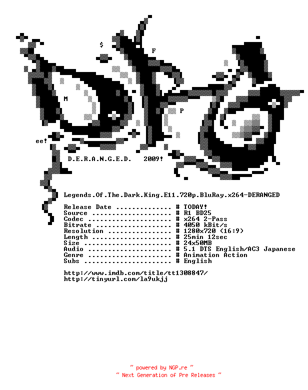 NFO for the release Legends.Of.The.Dark.King.E11.720p.BluRay.x264-DERANGED by DERANGED