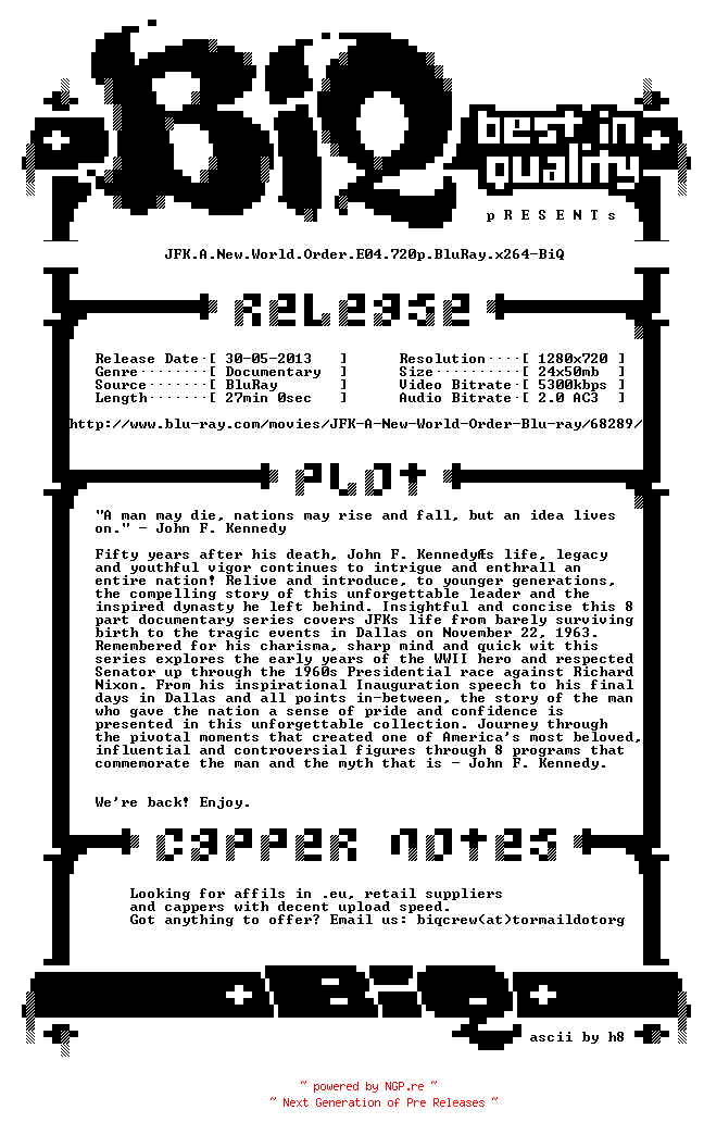 NFO for the release JFK.A.New.World.Order.E04.720p.BluRay.x264-BiQ by BiQ