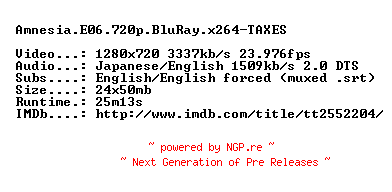 NFO for the release Amnesia.E06.720p.BluRay.x264-TAXES by TAXES