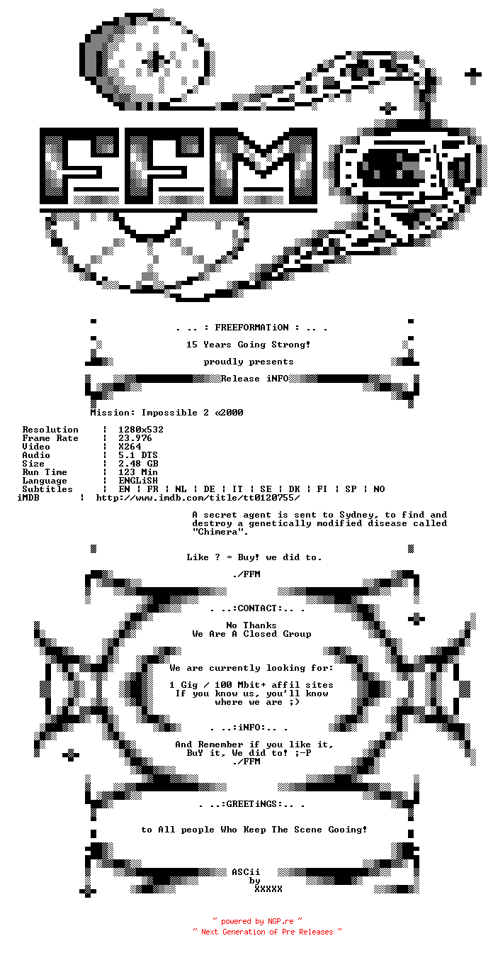 NFO for the release Mission.Impossible.2.2000.720p.iNTERNAL.BluRay.x264-FFM by FFM