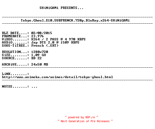 NFO for the release Tokyo.Ghoul.E10.SUBFRENCH.720p.BluRay.x264-SHiNiGAMi by SHiNiGAMi