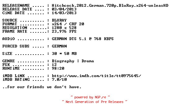 NFO for the release Hitchcock.2012.German.720p.BluRay.x264-unleasHD by unleasHD