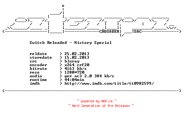 NFO for the release Switch.Reloaded.History.Spezial.German.720p.BluRay.x264-iNTENTiON by iNTENTiON