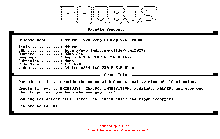 NFO for the release Mirror.1970.720p.BluRay.x264-PHOBOS by PHOBOS
