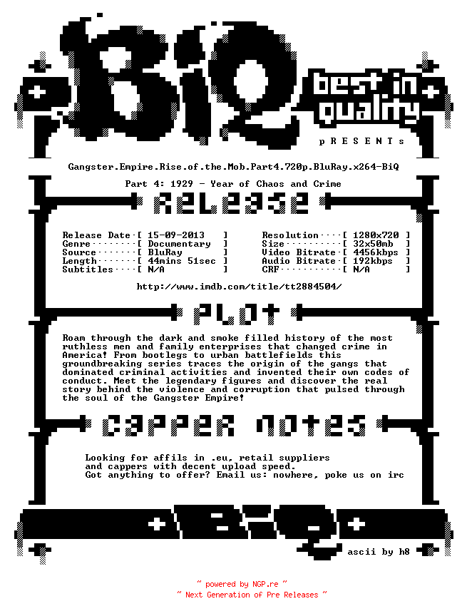NFO for the release Gangster.Empire.Rise.of.the.Mob.Part4.720p.BluRay.x264-BiQ by BiQ