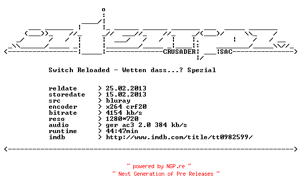 NFO for the release Switch.Reloaded.Wetten.dass.Spezial.German.720p.BluRay.x264-iNTENTiON by iNTENTiON