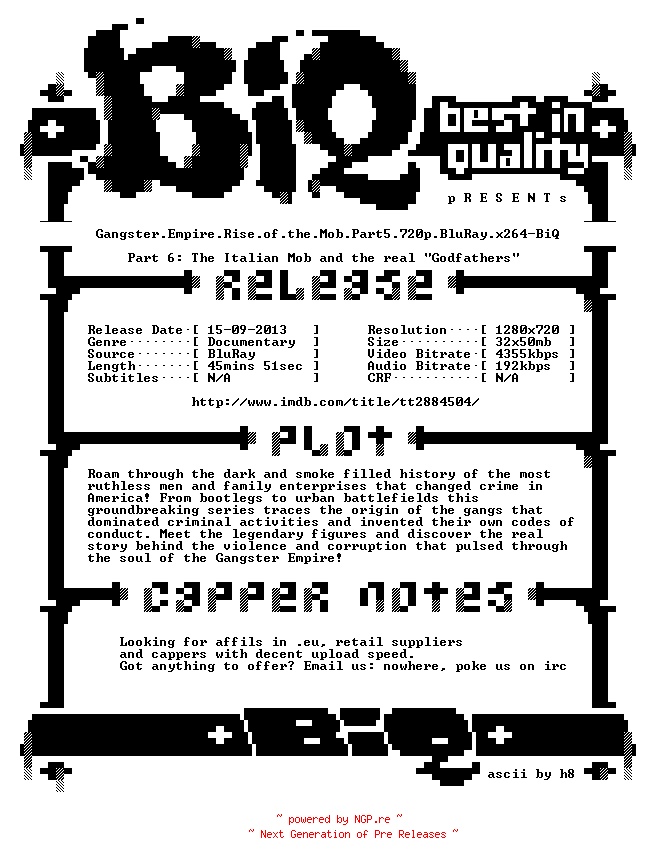 NFO for the release Gangster.Empire.Rise.of.the.Mob.Part6.720p.BluRay.x264-BiQ by BiQ