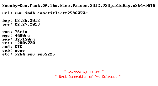 NFO for the release Scooby-Doo.Mask.Of.The.Blue.Falcon.2012.720p.BluRay.x264-DATA by DATA