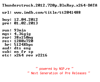 NFO for the release Thunderstruck.2012.720p.BluRay.x264-DATA by DATA