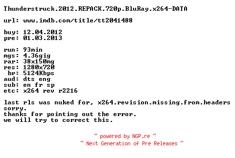 NFO for the release Thunderstruck.2012.REPACK.720p.BluRay.x264-DATA by DATA