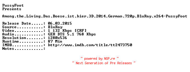 NFO for the release Among.the.Living.Das.Boese.ist.hier.3D.2014.German.720p.BluRay.x264-PussyFoot by PussyFoot
