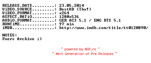 NFO for the release After.the.Sunset.2004.German.AC3D.DL.720p.BluRay.x264-HDARCHiV by HDARCHiV