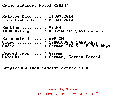 NFO for the release Grand.Budapest.Hotel.German.720p.BluRay.x264-EXQUiSiTE by EXQUiSiTE