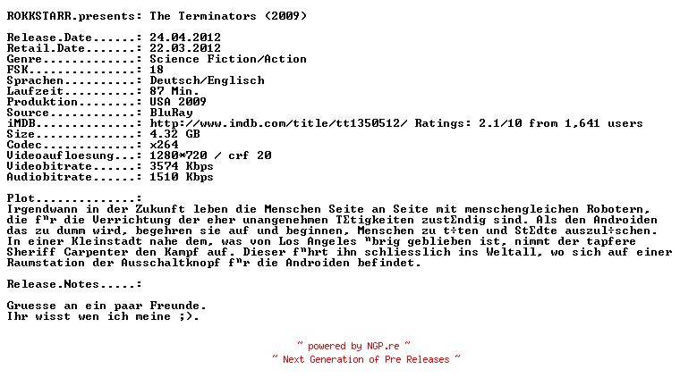 NFO for the release The.Terminators.2009.German.DL.720p.BluRay.x264-ROKKSTARR by ROKKSTARR