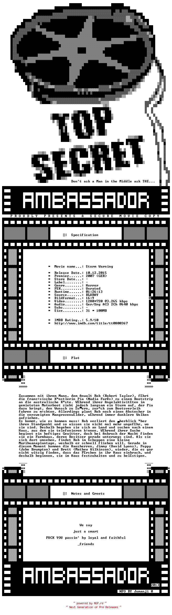 NFO for the release Storm.Warning.UNRATED.2007.GERMAN.DL.720P.BLURAY.X264-AMBASSADOR by AMBASSADOR