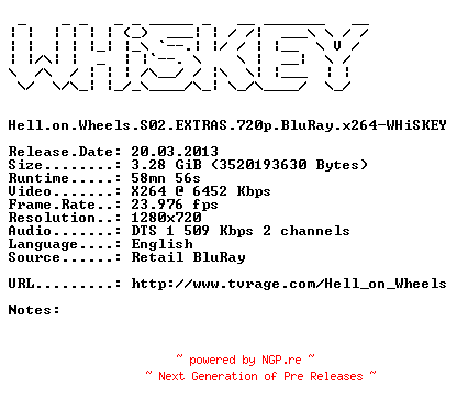 NFO for the release Hell.on.Wheels.S02.EXTRAS.720p.BluRay.x264-WHiSKEY by WHiSKEY