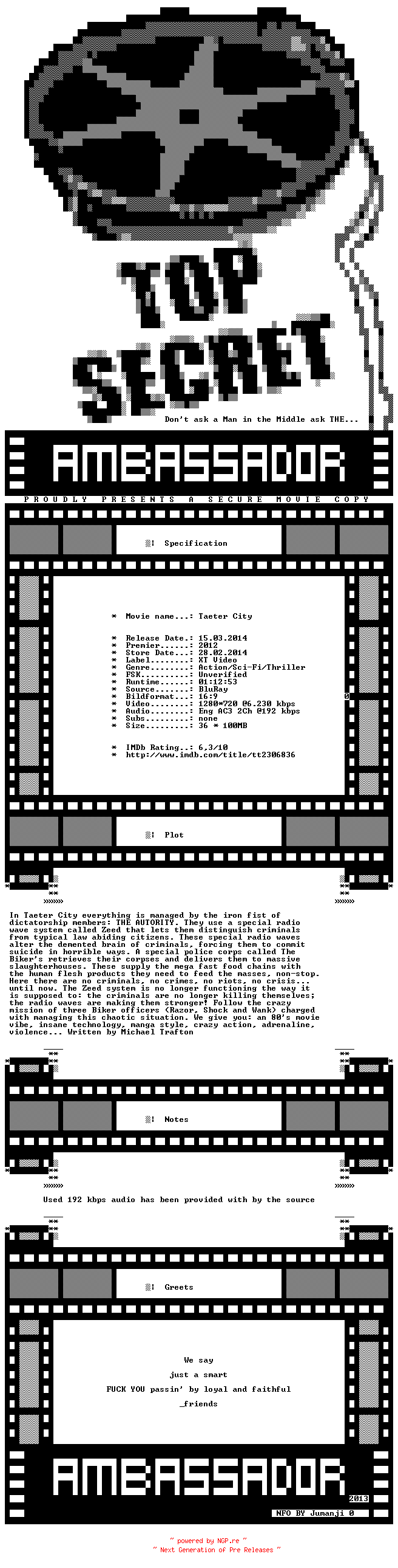 NFO for the release Taeter.City.2012.720p.BluRay.x264.REPACK-AMBASSADOR by AMBASSADOR