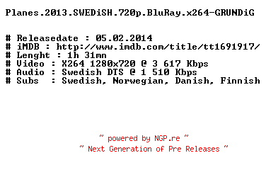 NFO for the release Planes.2013.SWEDiSH.720p.BluRay.x264-GRUNDiG by GRUNDiG