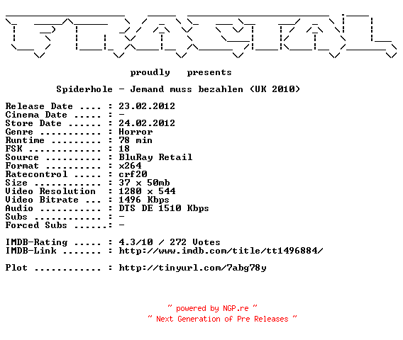 NFO for the release Spiderhole.Jemand.muss.bezahlen.2010.German.720p.BluRay.x264-FRACTAL by FRACTAL