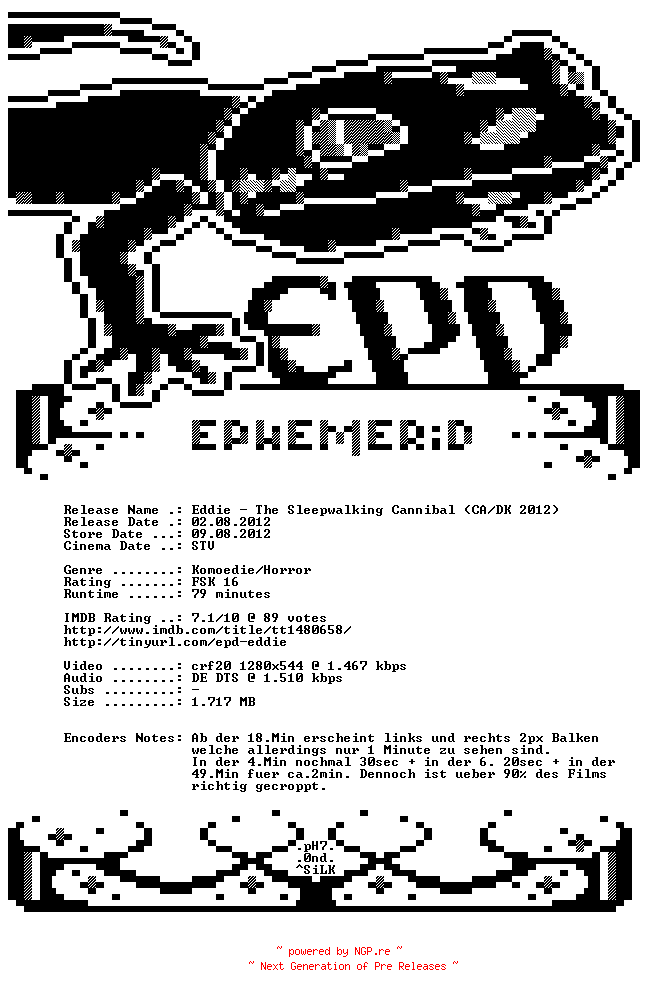 NFO for the release Eddie.The.Sleepwalking.Cannibal.2012.German.720p.BluRay.x264-EPHEMERiD by EPHEMERiD