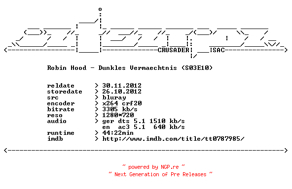NFO for the release Robin.Hood.S0E10.Dunkles.Vermaechtnis.German.DL.720p.BluRay.x264-iNTENTiON by iNTENTiON