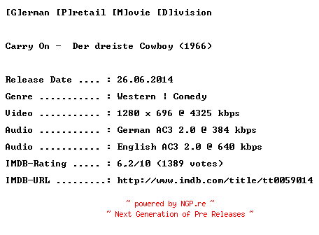 NFO for the release Carry.On.Der.dreiste.Cowboy.1966.GERMAN.AC3D.DL.720p.BluRay.x264-GPMD by GPMD