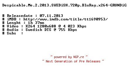 NFO for the release Despicable.Me.2.2013.SWEDiSH.720p.BluRay.x264-GRUNDiG by GRUNDiG