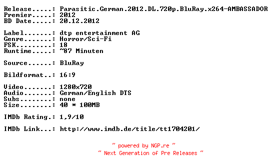 NFO for the release Parasitic.German.2012.DL.720p.BluRay.x264-AMBASSADOR by AMBASSADOR