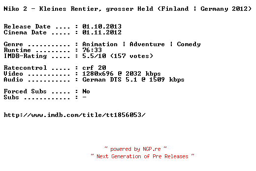 NFO for the release Niko.2.Kleines.Rentier.grosser.Held.German.720p.BluRay.x264-EXQUiSiTE by EXQUiSiTE