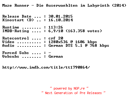 NFO for the release Maze.Runner.Die.Auserwaehlten.im.Labyrinth.German.720p.BluRay.x264-EXQUiSiTE by EXQUiSiTE