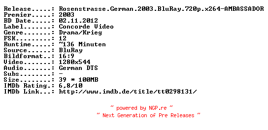 NFO for the release Rosenstrasse.German.2003.BluRay.720p.x264-AMBASSADOR by AMBASSADOR