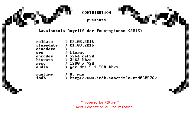 NFO for the release Lavalantula.Angriff.der.Feuerspinnen.2015.German.720p.BluRay.x264-CONTRiBUTiON by CONTRiBUTiON