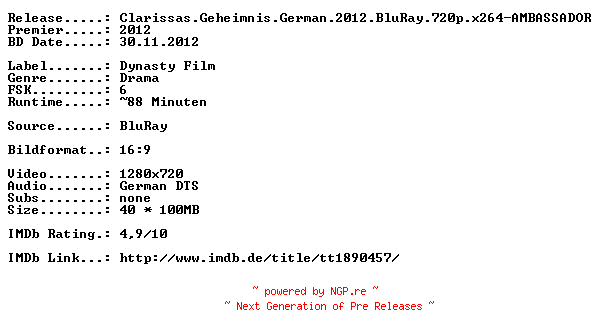 NFO for the release Clarissas.Geheimnis.German.2012.BluRay.720p.x264-AMBASSADOR by AMBASSADOR