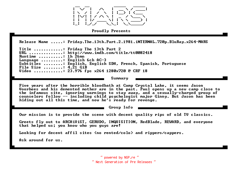 NFO for the release Friday.The.13th.Part.2.1981.iNTERNAL.720p.BluRay.x264-MARS by MARS