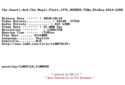 NFO for the release The.Smurfs.And.The.Magic.Flute.1976.DUBBED.720p.BluRay.X264-LCHD by LCHD