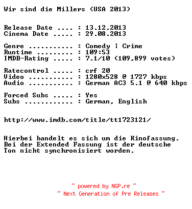NFO for the release Wir.sind.die.Millers.German.720p.BluRay.x264-EXQUiSiTE by EXQUiSiTE