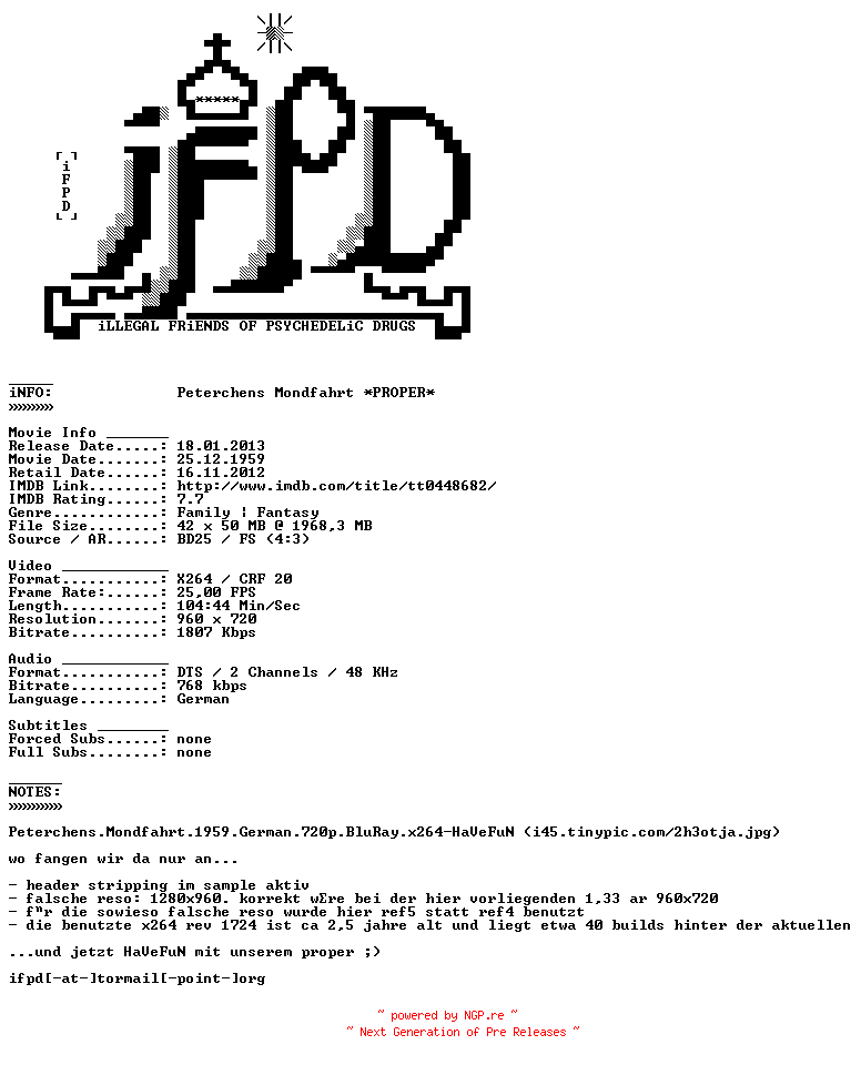 NFO for the release Peterchens.Mondfahrt.1959.German.720p.BluRay.x264.PROPER-iFPD by iFPD